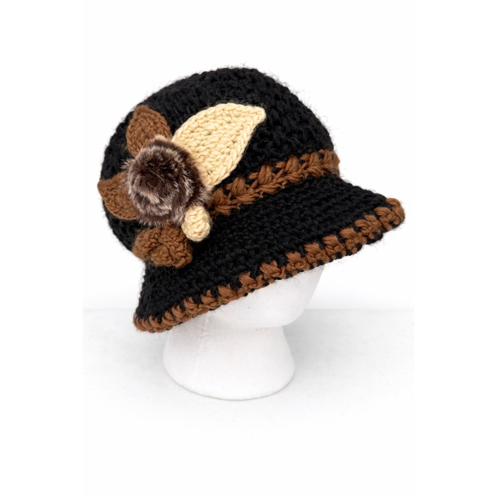 Women's Crochet Cloche Fleece Lined Winter Hat Faux Fur Flower Accent Black Knit